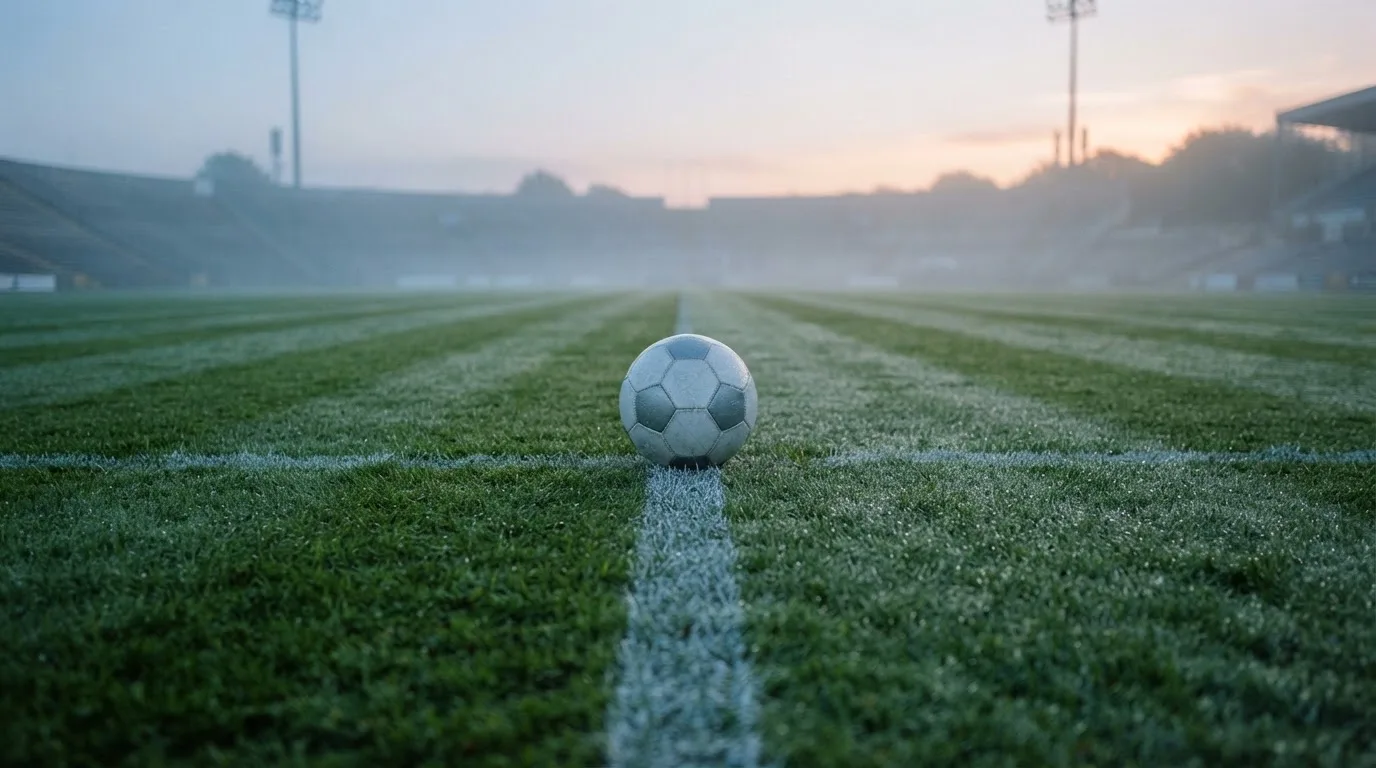 Ein einzelner Fussball liegt auf dem Anstosspunkt eines leeren Rasenplatzes am frühen Morgen, Tau glitzert auf dem Gras, die Tribüne liegt im Dunst.