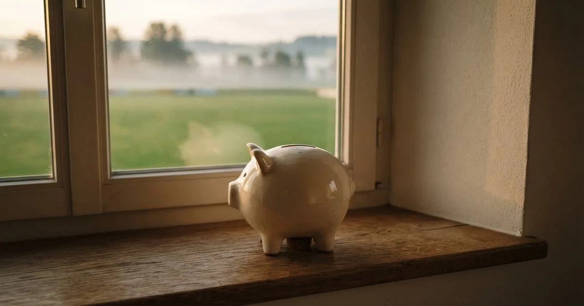 Ein kleines Sparschwein aus Keramik steht auf einem Fensterbrett, im Hintergrund ein verschwommener Rasenplatz im Morgenlicht.