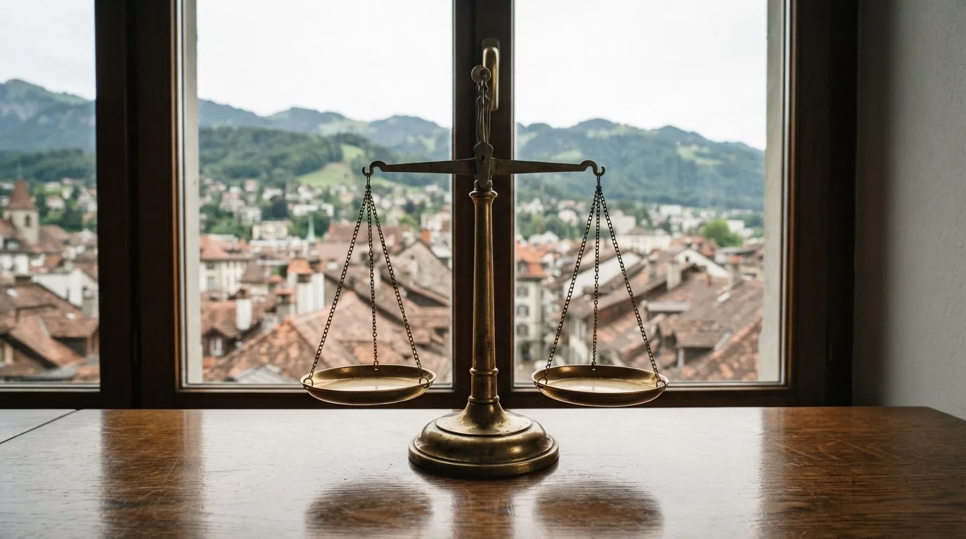 Eine Waage aus Messing steht auf einem polierten Schreibtisch vor einem Fenster mit Blick auf Dächer und sanfte Hügel.
