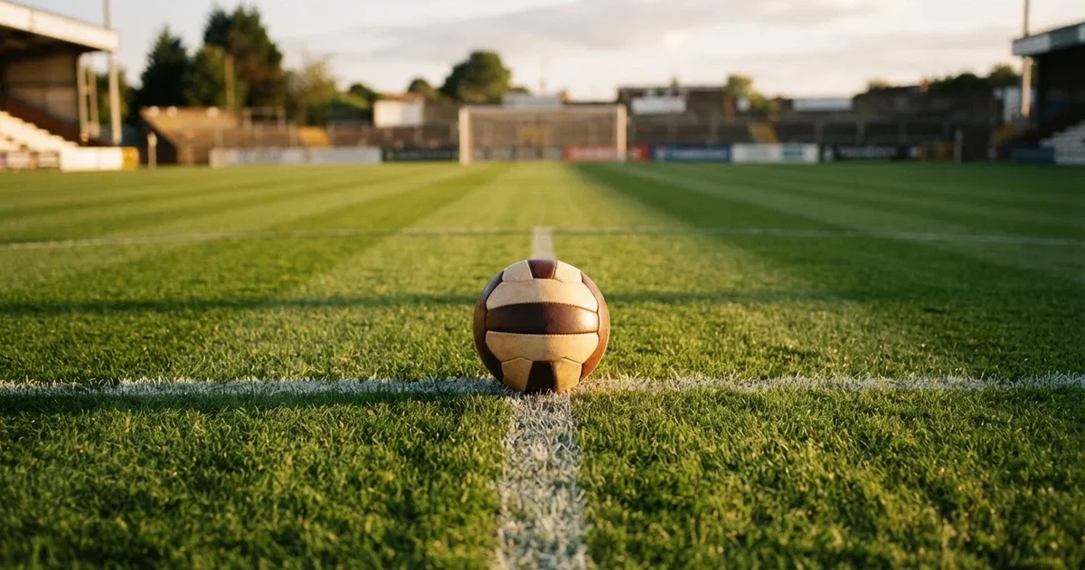 Ein Fussball liegt auf dem Mittelkreis eines Rasenfelds, die weissen Linien kreuzen sich auf dem gepflegten Gras im warmen Abendlicht.