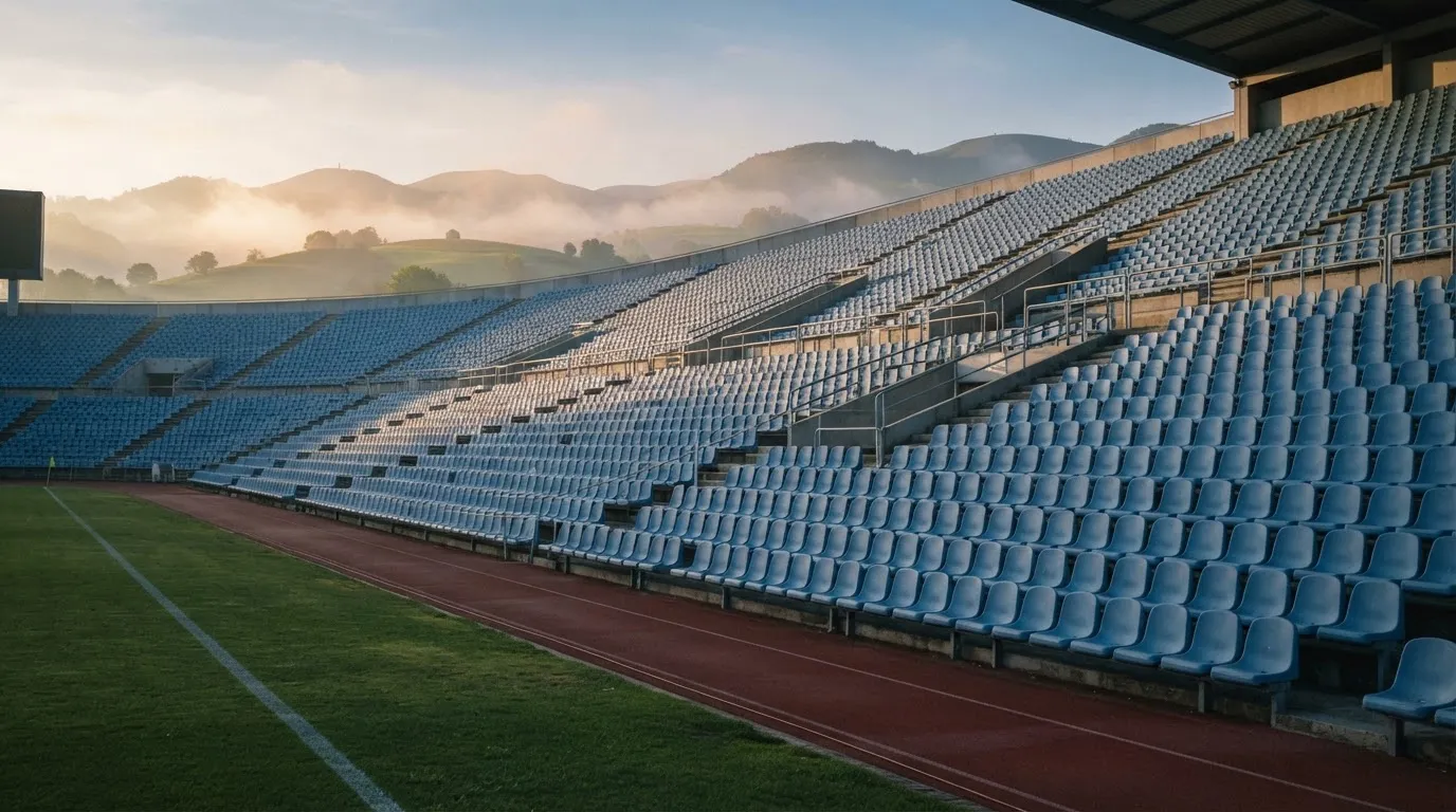 Ein leeres Stadion im Morgenlicht mit Blick auf die Sitzreihen, im Hintergrund Hügel und aufsteigender Nebel.