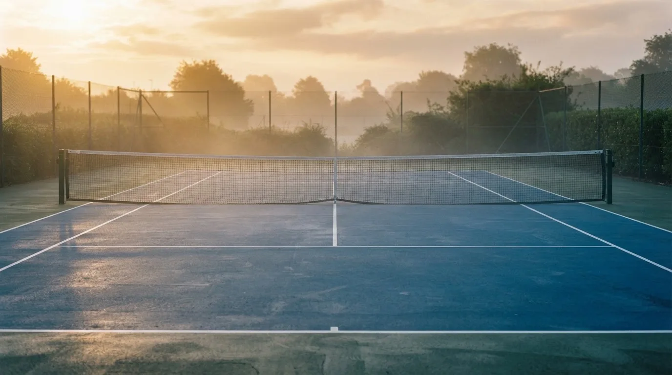 Ein Tennisplatz bei Sonnenaufgang, die Linien frisch gezogen, das Netz in der Mitte und Nebel über dem Boden.