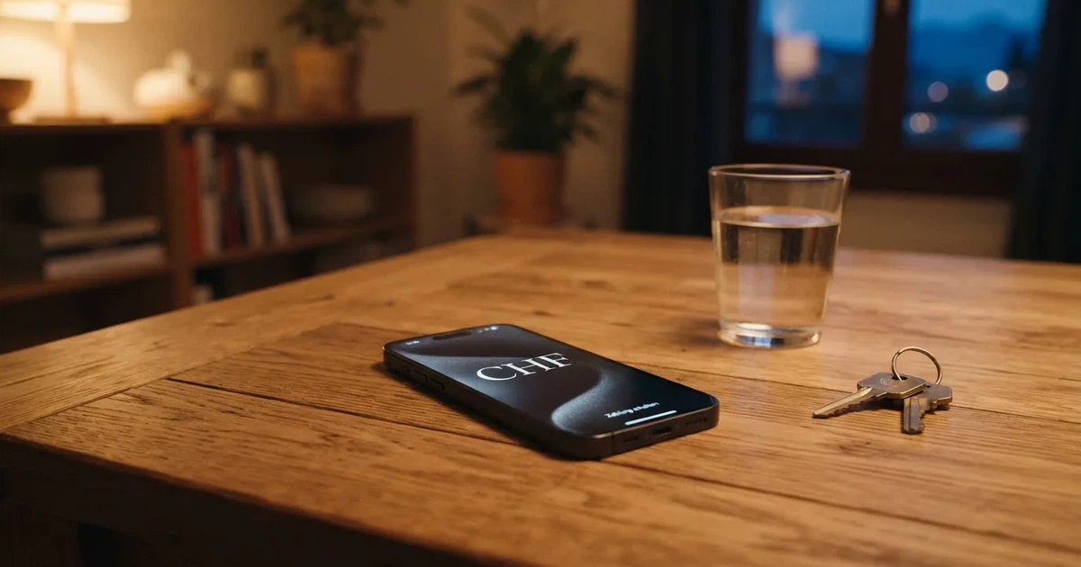 Ein Smartphone mit schwarzem Display liegt auf einem Holztisch neben einem Glas Wasser und einem Schlüsselbund.