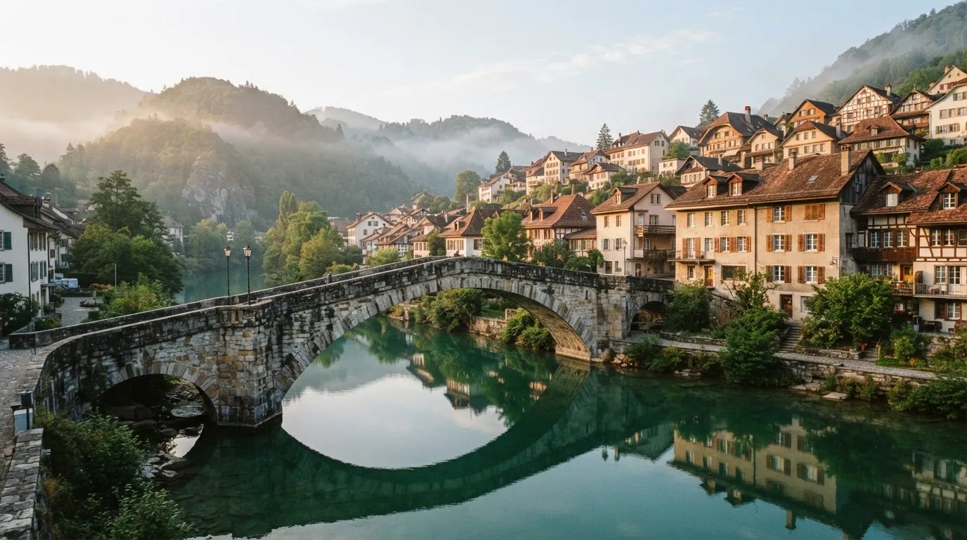 Eine alte Steinbrücke über einen ruhigen Fluss, dahinter Häuser mit Ziegeldächern und bewaldete Hügel.