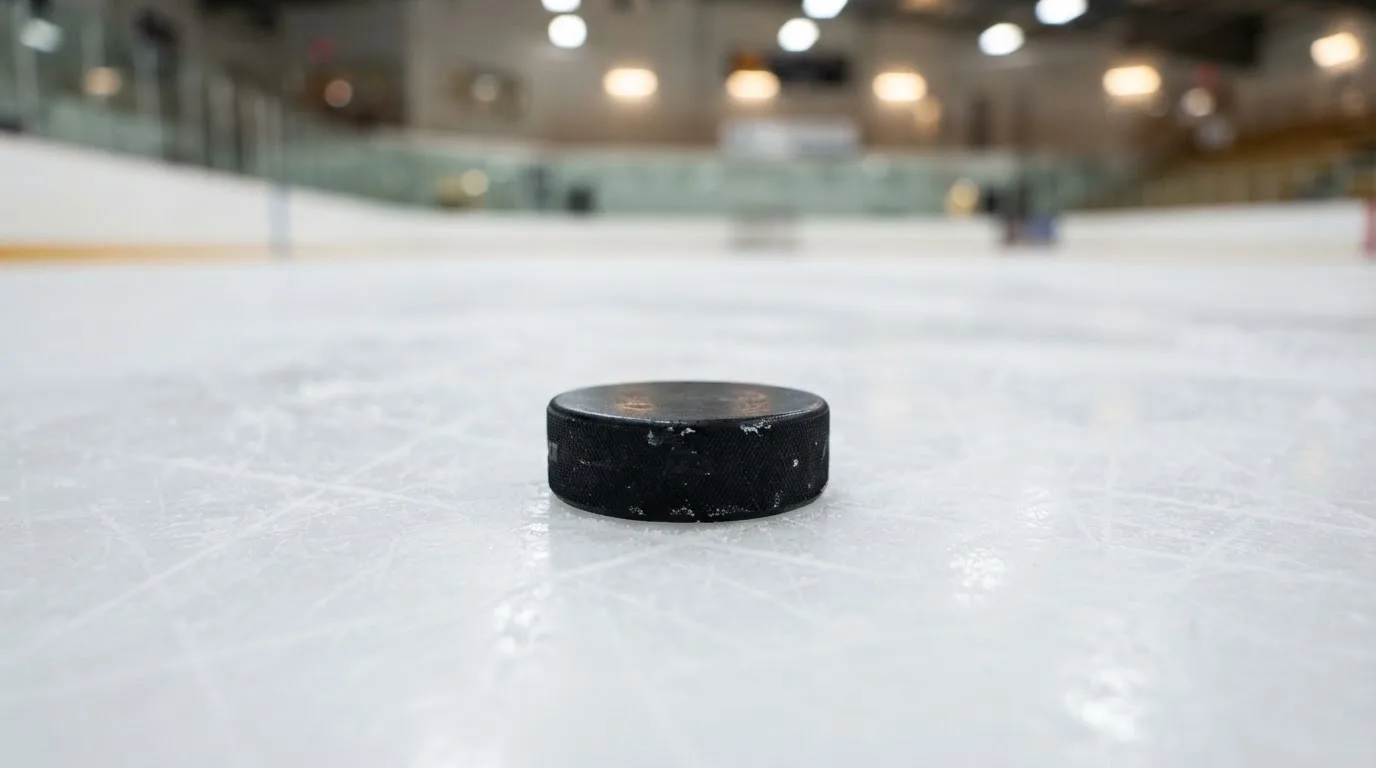 Ein Eishockeypuck liegt auf dem Eis, im Hintergrund unscharf die Bande unter hellem Hallenlicht.