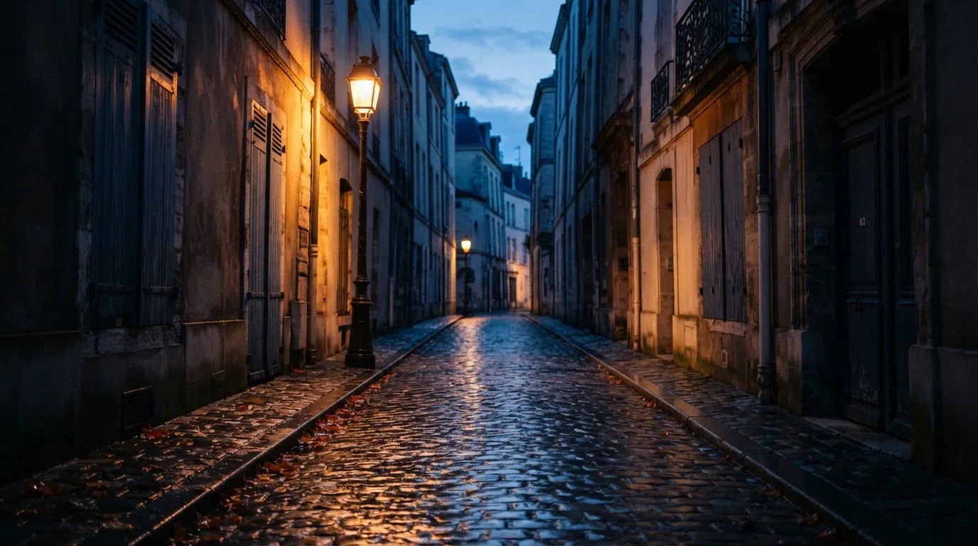Eine Strassenlaterne in einer leeren Gasse am Abend, das nasse Kopfsteinpflaster spiegelt das warme Licht.
