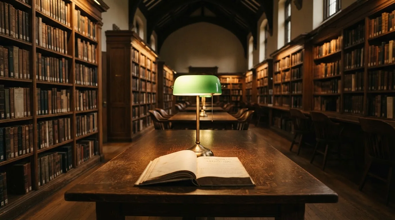 Eine Bibliothek mit hohen Holzregalen voller Bücher, im Vordergrund ein Lesetisch mit grüner Lampe.