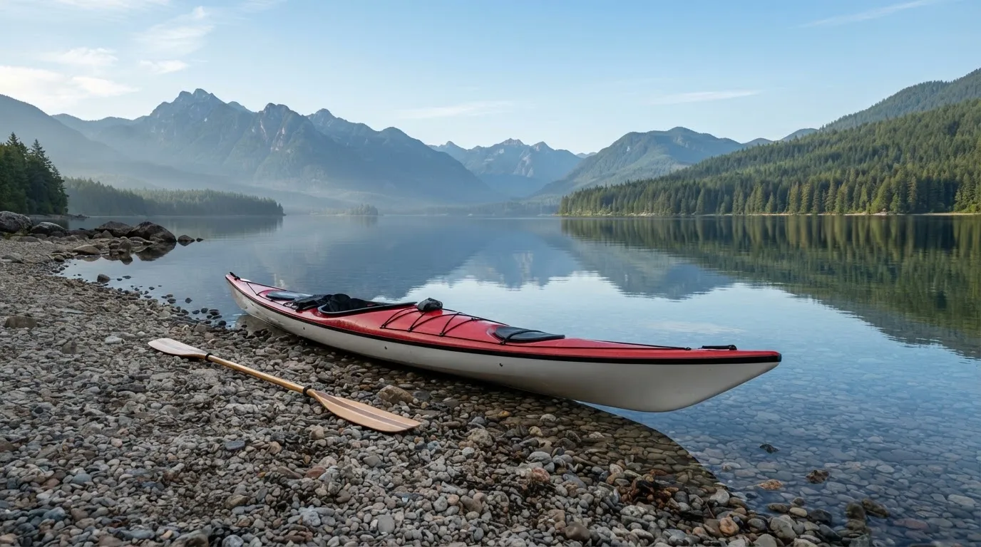 Ein Kajak liegt am Ufer eines Bergsees, daneben ein Paddel, das Wasser ist glatt und der Himmel klar.