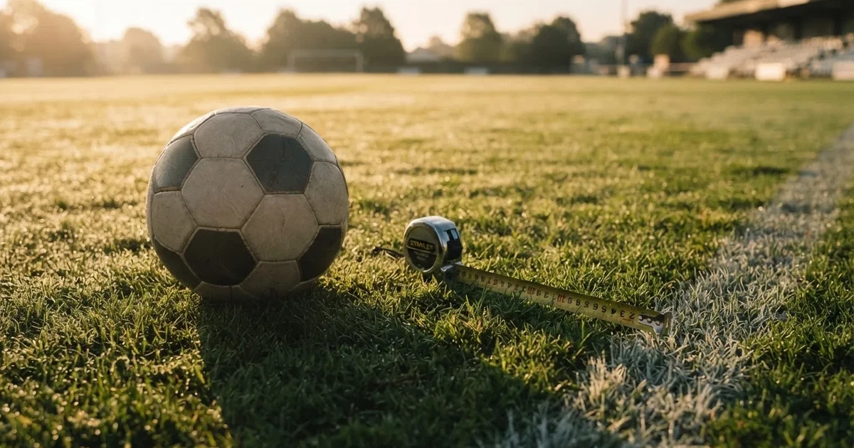 Ein Fussball und ein Massband liegen auf kurz geschnittenem Rasen neben einer Kreidelinie, Morgenlicht von der Seite.