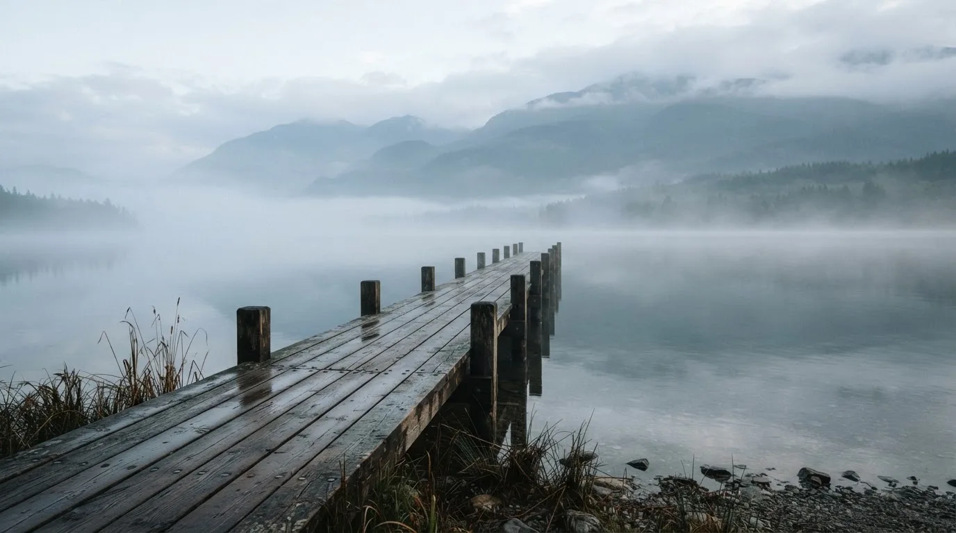 Ein Seeufer mit einem hölzernen Steg, Nebel liegt über dem Wasser, am anderen Ufer erheben sich Berge.