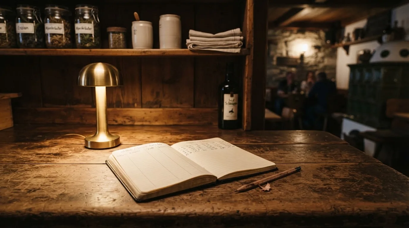 Ein alter Holztresen mit einem Notizbuch und einem Taschenrechner in warmem Lampenlicht, Regale im Hintergrund.