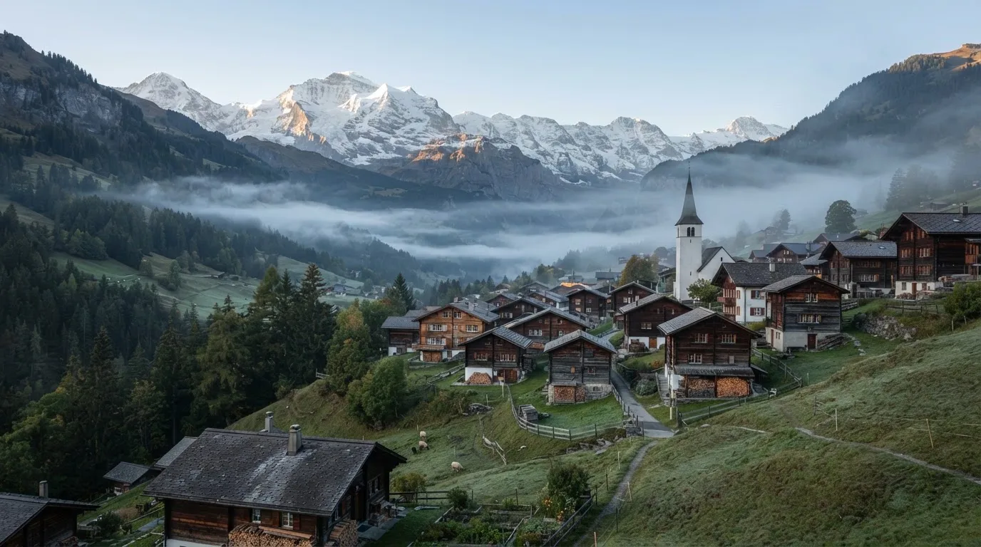 Ein Bergdorf mit Holzhäusern im Tal an einem klaren Morgen, über den Dächern liegen Nebelschwaden und im Hintergrund Gipfel.