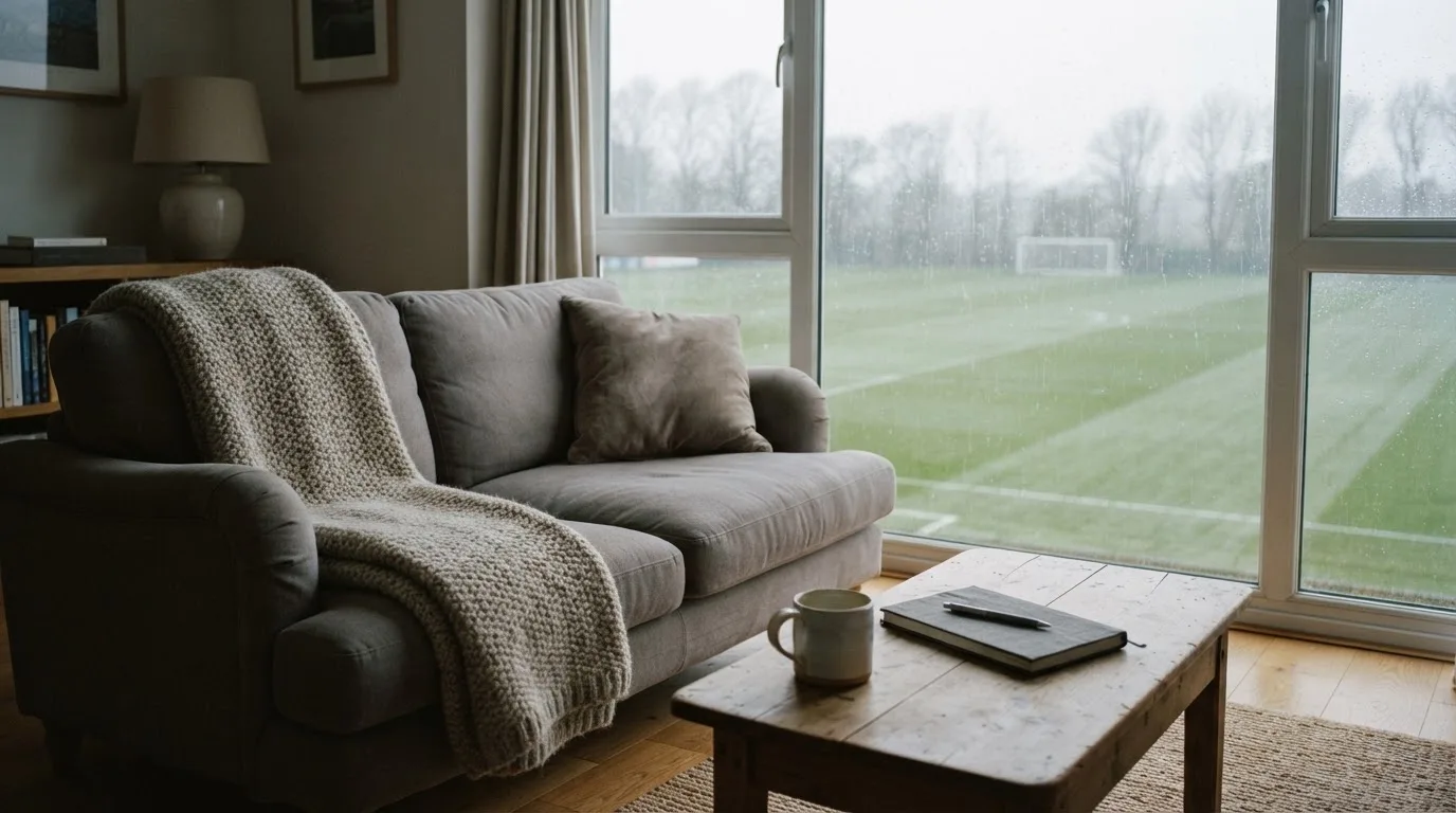 Ein Sofa mit Wolldecke steht vor einem grossen Fenster, draussen Regen und in der Ferne ein Fussballplatz.