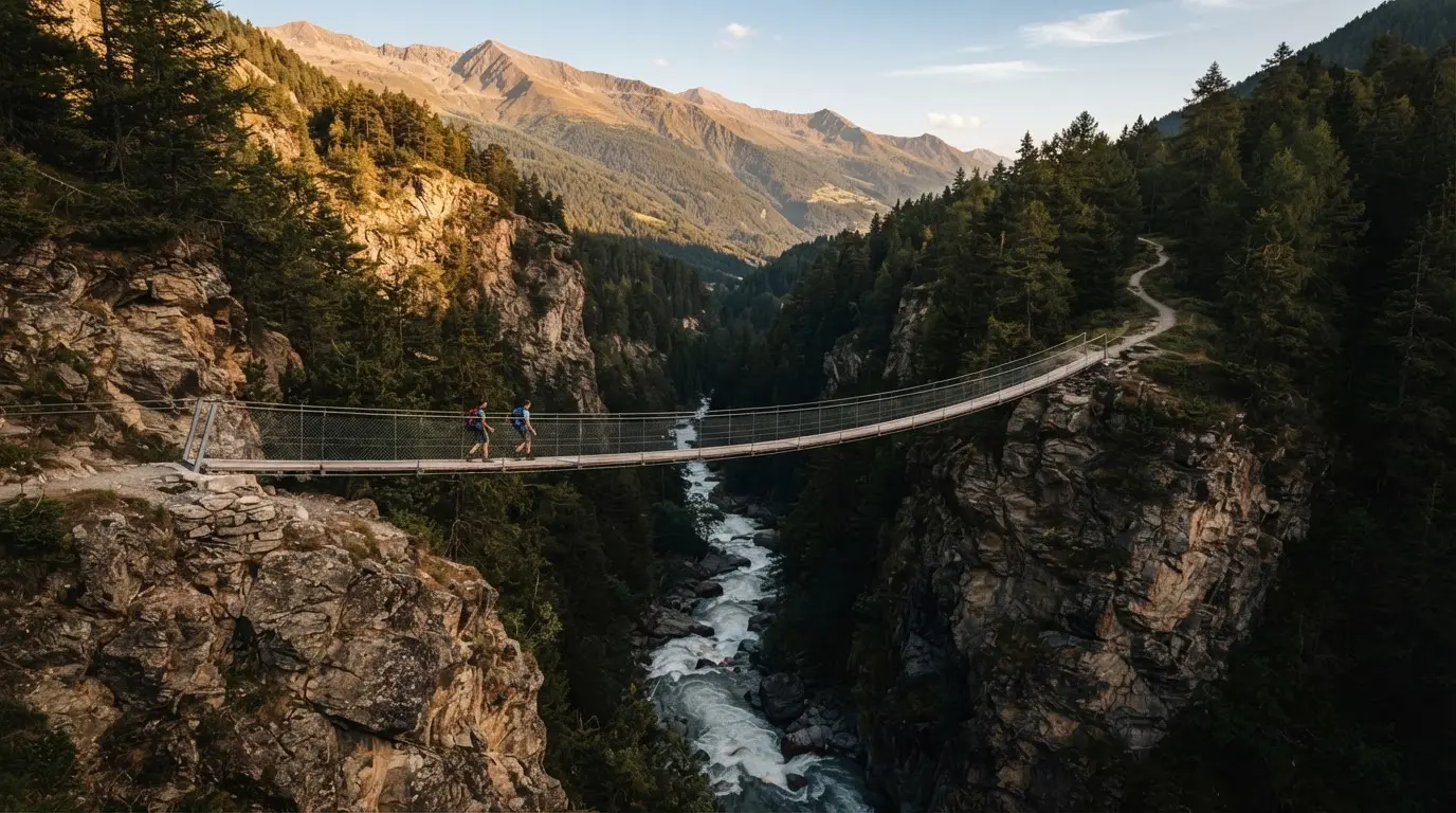 Eine Hängebrücke spannt sich über eine tiefe Schlucht, unten rauscht ein Fluss zwischen bewaldeten Felswänden.