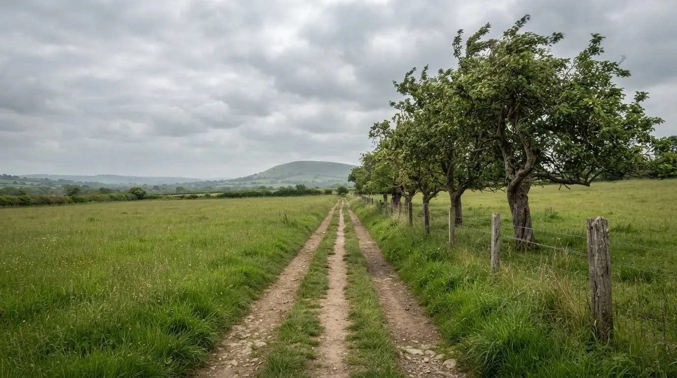 Ein Feldweg führt zwischen Wiesen zu einem Hügel, der Himmel ist bewölkt, am Wegrand stehen Obstbäume.