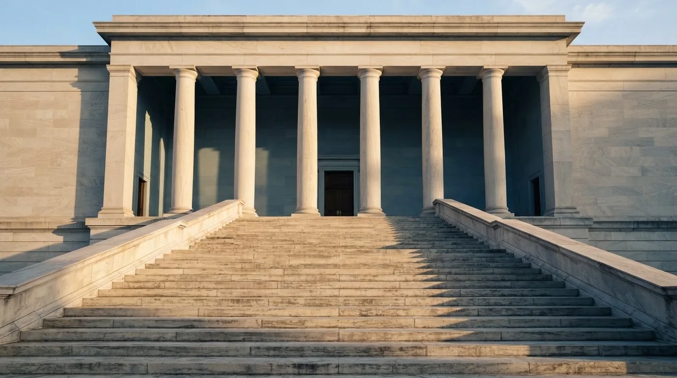 Eine breite Steintreppe führt zu einem Gebäude mit Säulen, die Morgensonne scheint, niemand ist zu sehen.