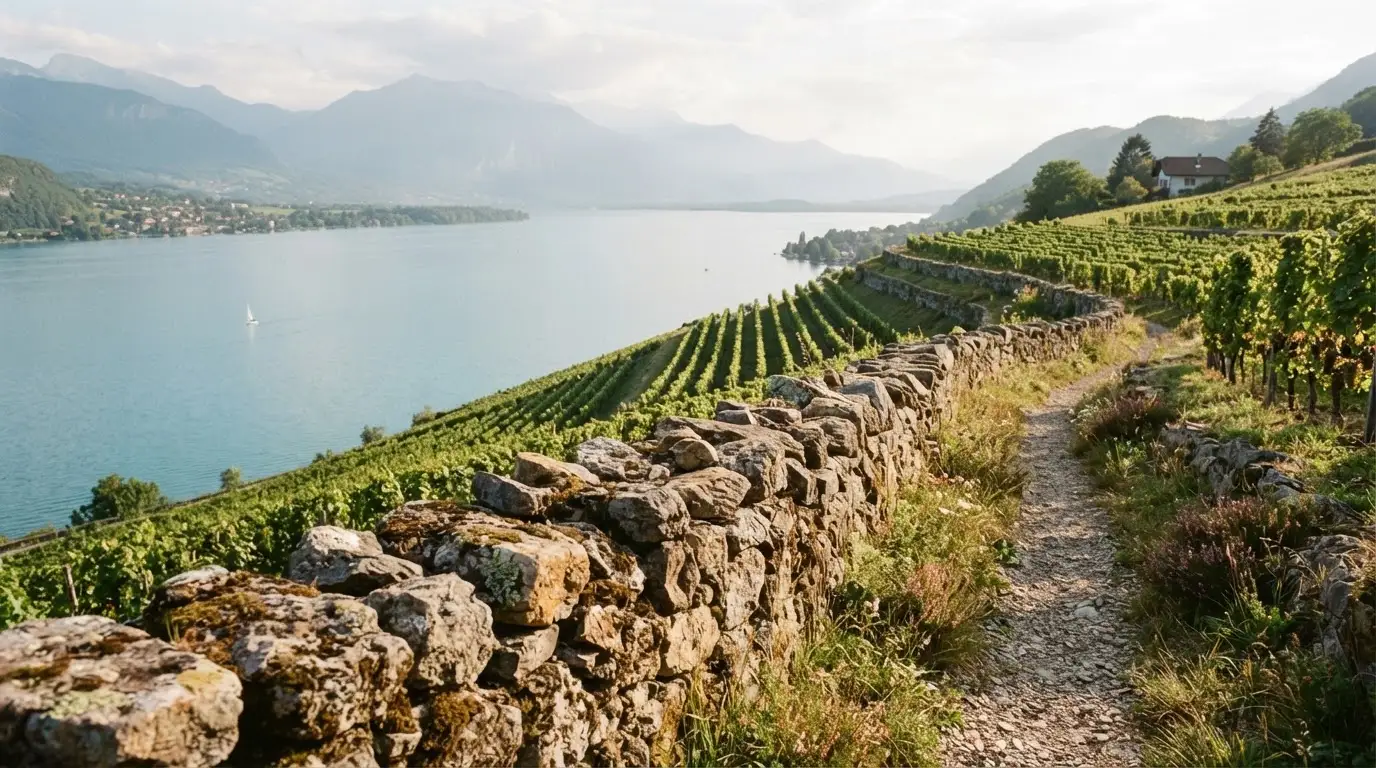 Eine Mauer aus Natursteinen am Wegrand, dahinter Weinberge, die zu einem See hinabführen.
