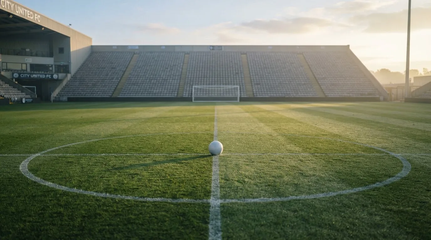 Ein Fussball liegt auf dem Anstosspunkt eines leeren Rasenplatzes im frühen Morgenlicht, dahinter erhebt sich eine menschenleere Tribüne.