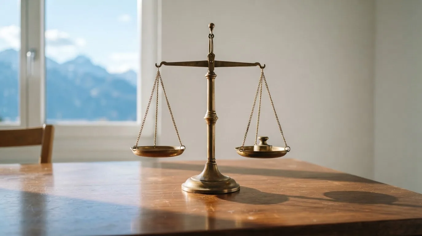 Eine Waage aus Messing steht auf einem polierten Schreibtisch in einem hellen Büro, durch das Fenster sind ferne Berge zu sehen.