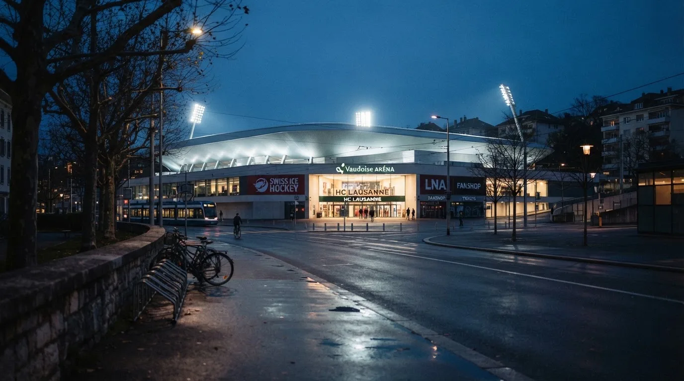 Ein grosses Eisstadion aus der Ferne gesehen, hell erleuchtet von Flutlicht in der Abenddämmerung, davor eine leere Strasse.
