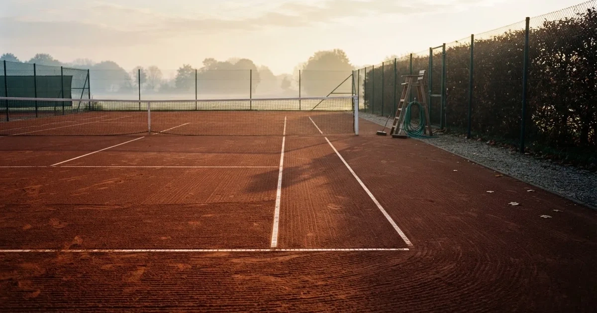 Ein Sandplatz für Tennis liegt bei Sonnenaufgang still da, das Netz wirft einen langen Schatten über die weissen Linien.