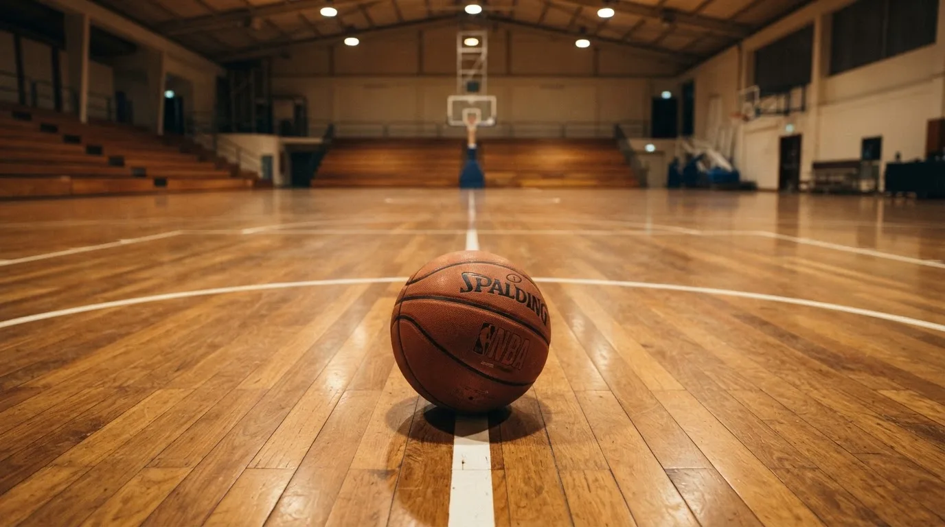Ein Basketball liegt auf dem Parkett einer leeren Halle, von den Deckenlampen fällt gleichmässiges Licht auf den Boden.