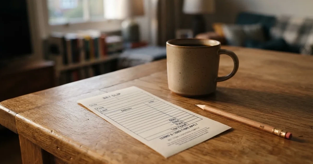 Ein leerer Wettschein aus Papier liegt auf einem Holztisch neben einem Bleistift und einem Kaffeebecher.