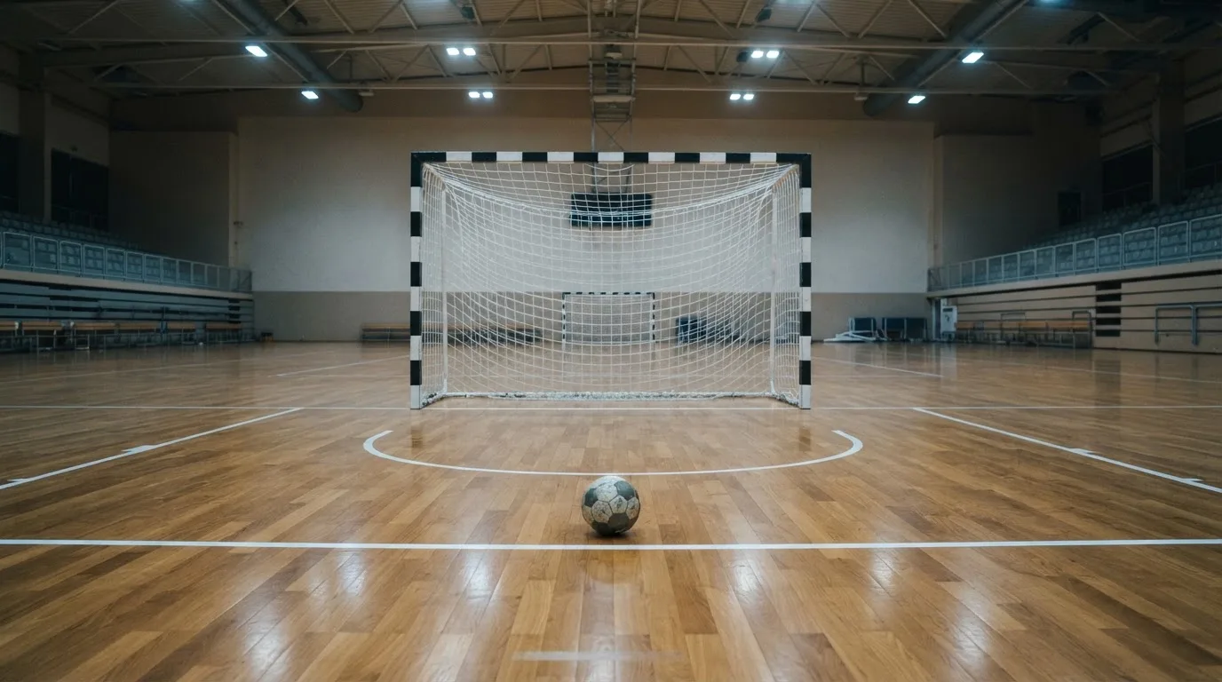Ein Handballtor in einer leeren Sporthalle, der Ball liegt im Torraum und das Hallenlicht spiegelt sich im Parkett.