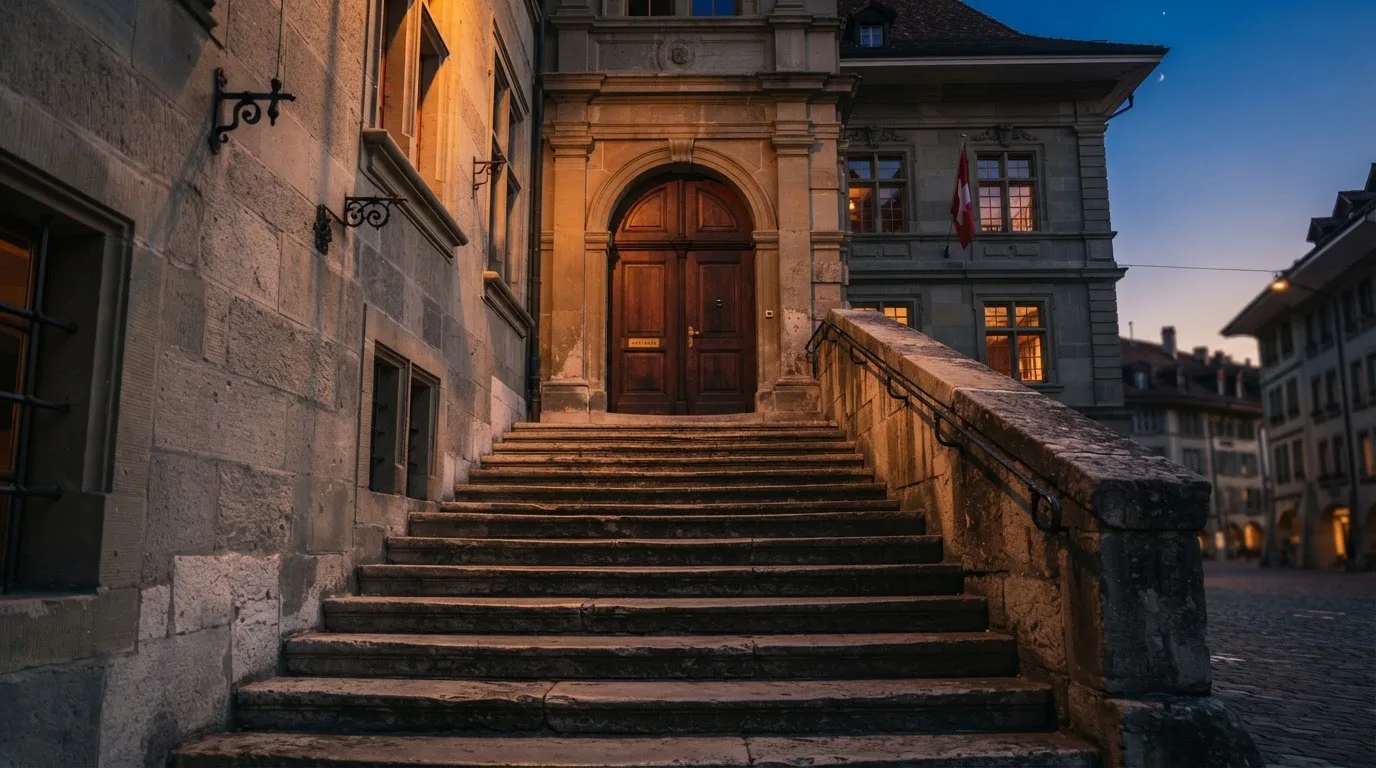Eine breite Steintreppe führt zu einem hohen Portal aus dunklem Holz, das Licht der Dämmerung liegt auf den Stufen.