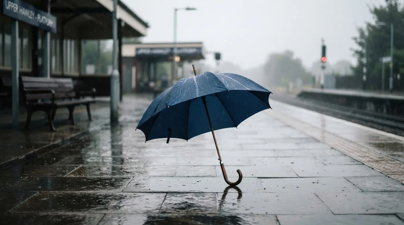 Ein aufgespannter Regenschirm steht auf einem leeren Bahnsteig im Regen, Tropfen perlen vom Stoff auf den nassen Boden.