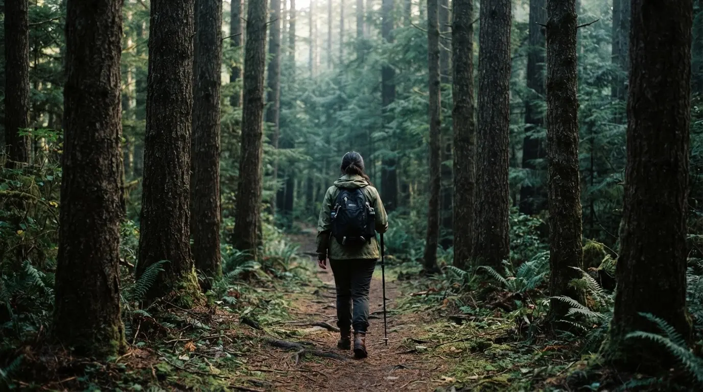 Eine Person von hinten auf einem Waldweg, die langsam zwischen hohen Tannen geht.