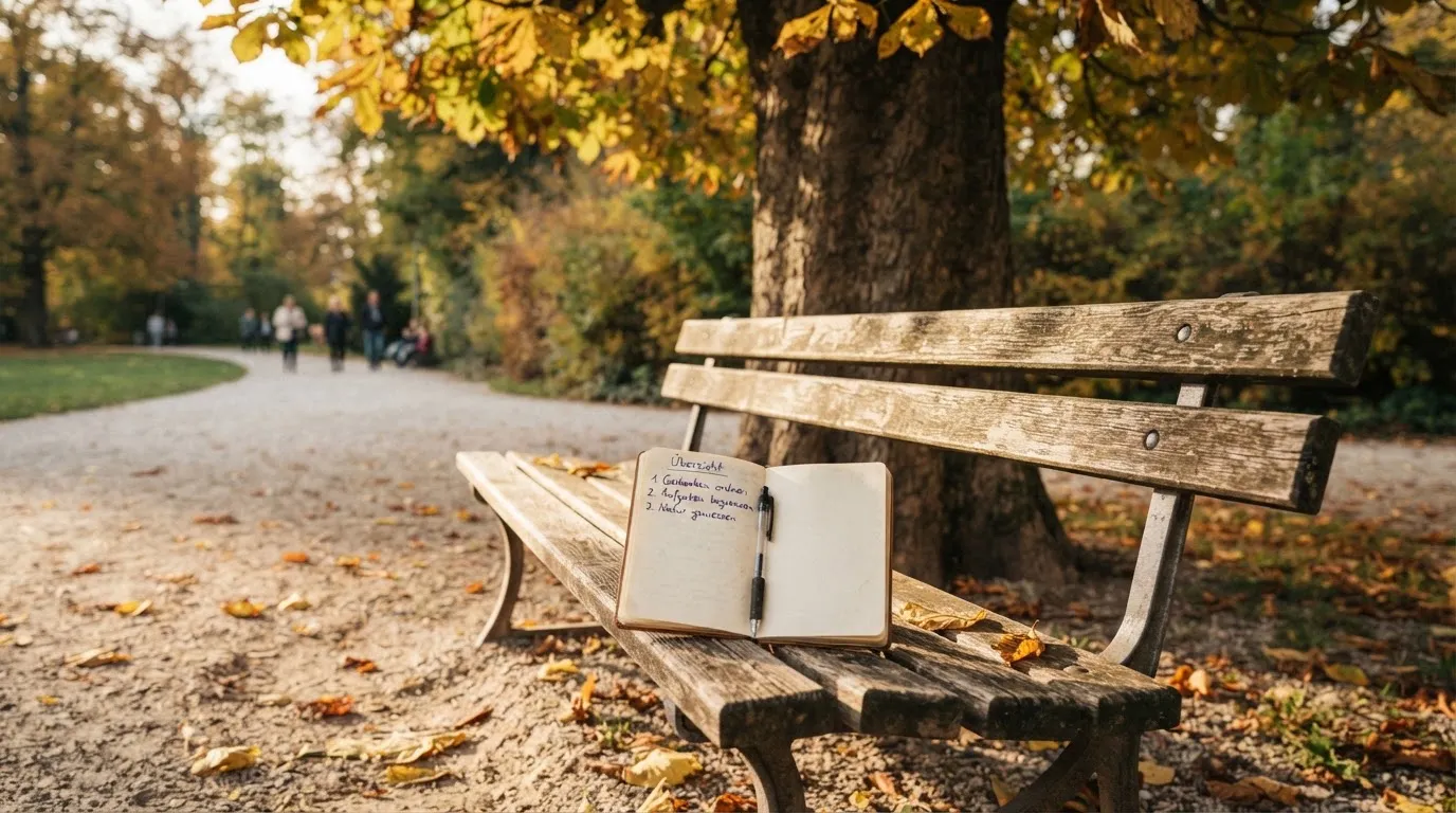 Eine Parkbank unter einer Kastanie im Herbst, auf dem Kiesweg liegen gelbe Blätter.