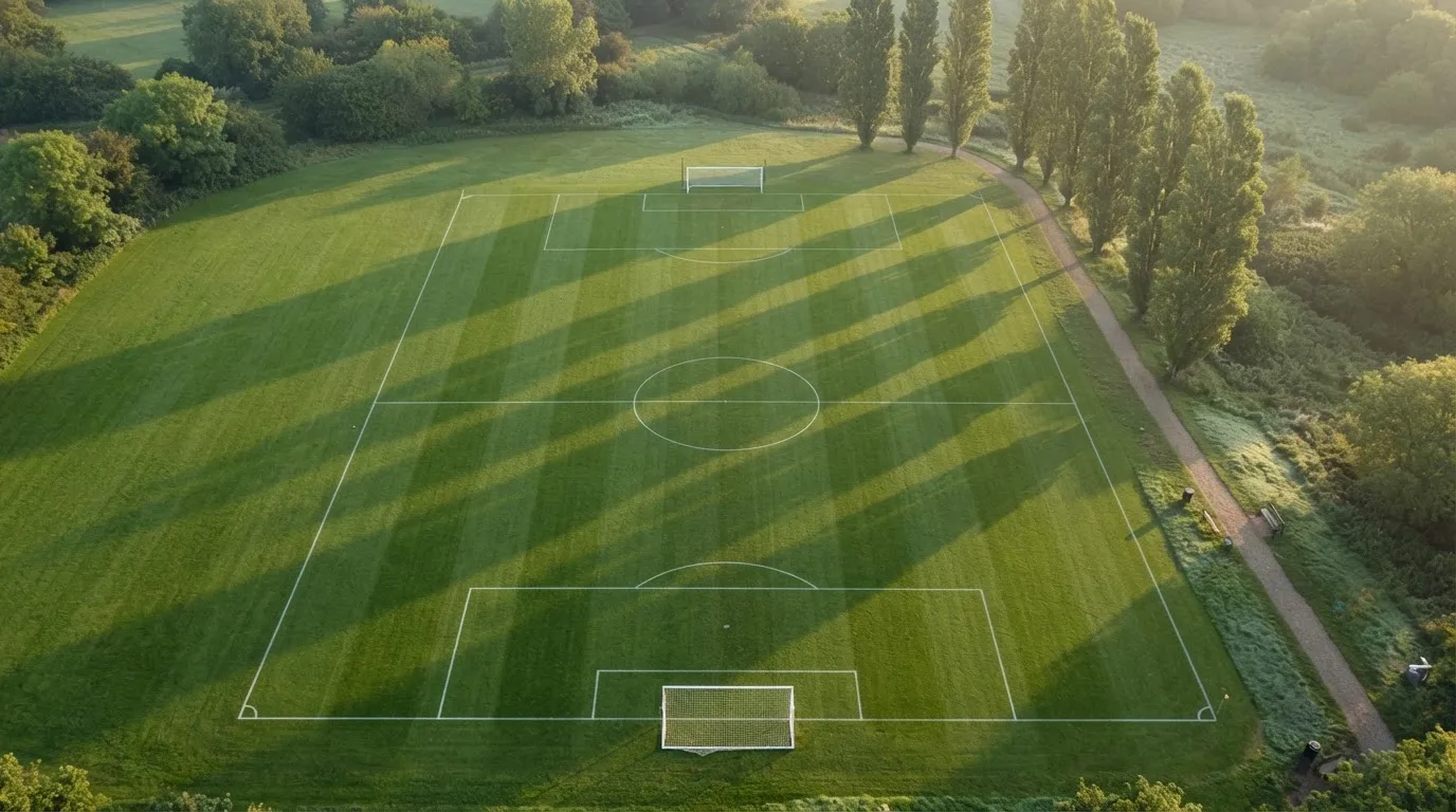 Ein leerer Fussballplatz mit weissen Linien von oben gesehen im Morgenlicht, am Rand stehen zwei Tore und eine Reihe Pappeln.