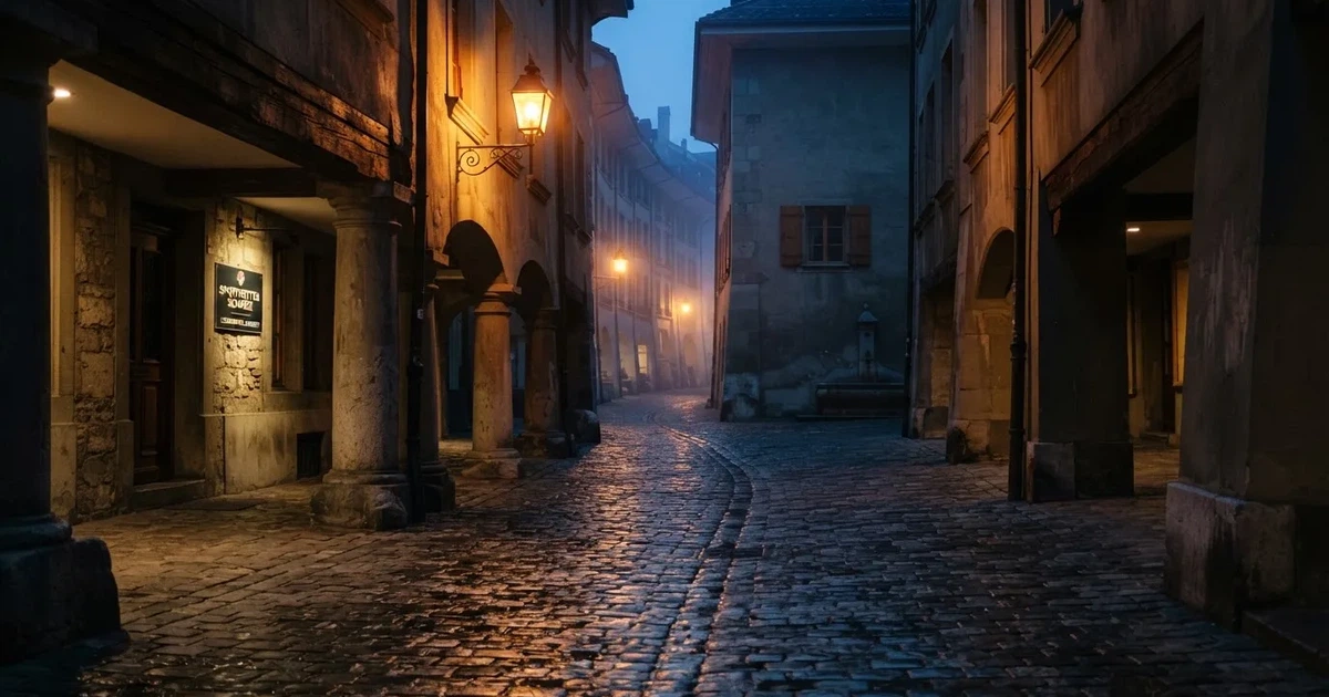 Eine menschenleere Altstadtgasse mit steinernen Laubengängen im Abendlicht, die Laternen brennen schon und das Pflaster glänzt feucht.