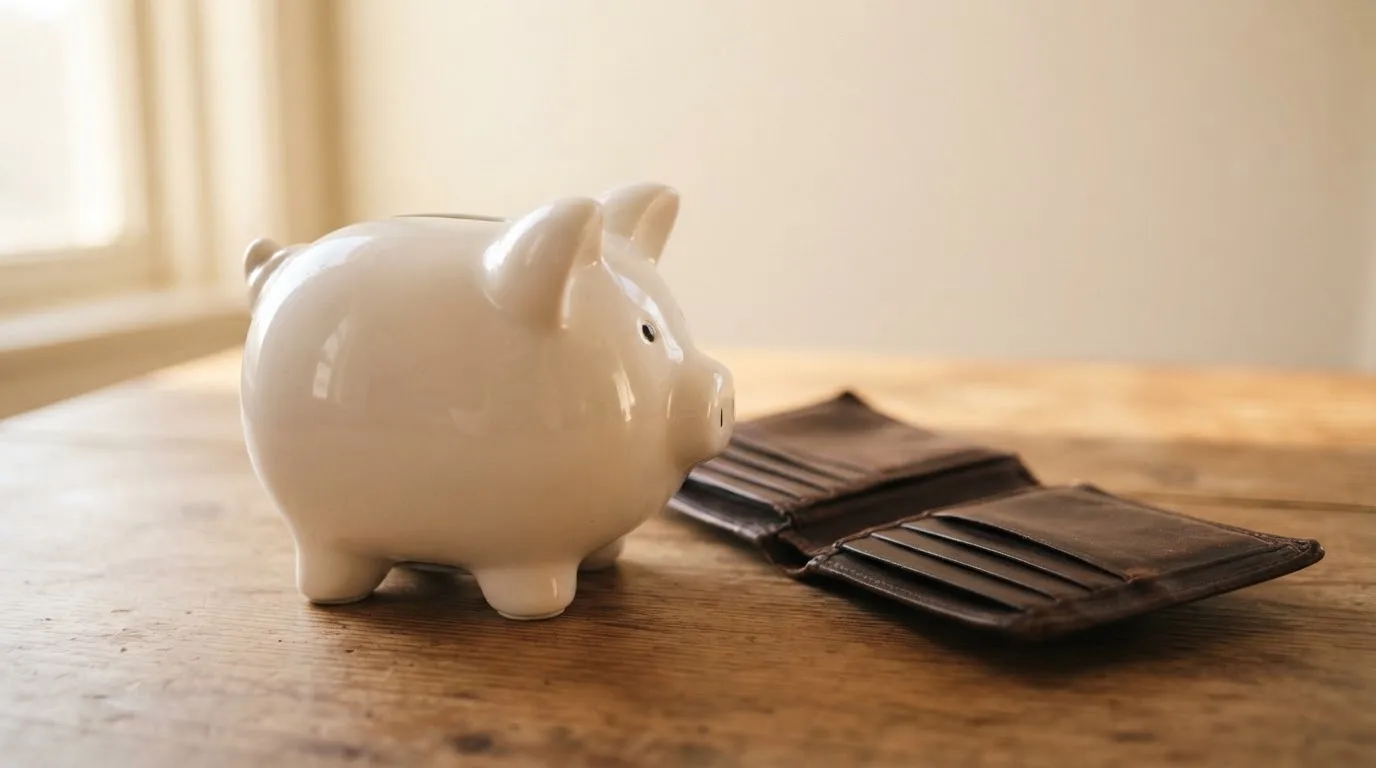 Ein Sparschwein aus Keramik steht auf einem Küchentisch neben einer leeren Geldbörse im Licht des Morgens.