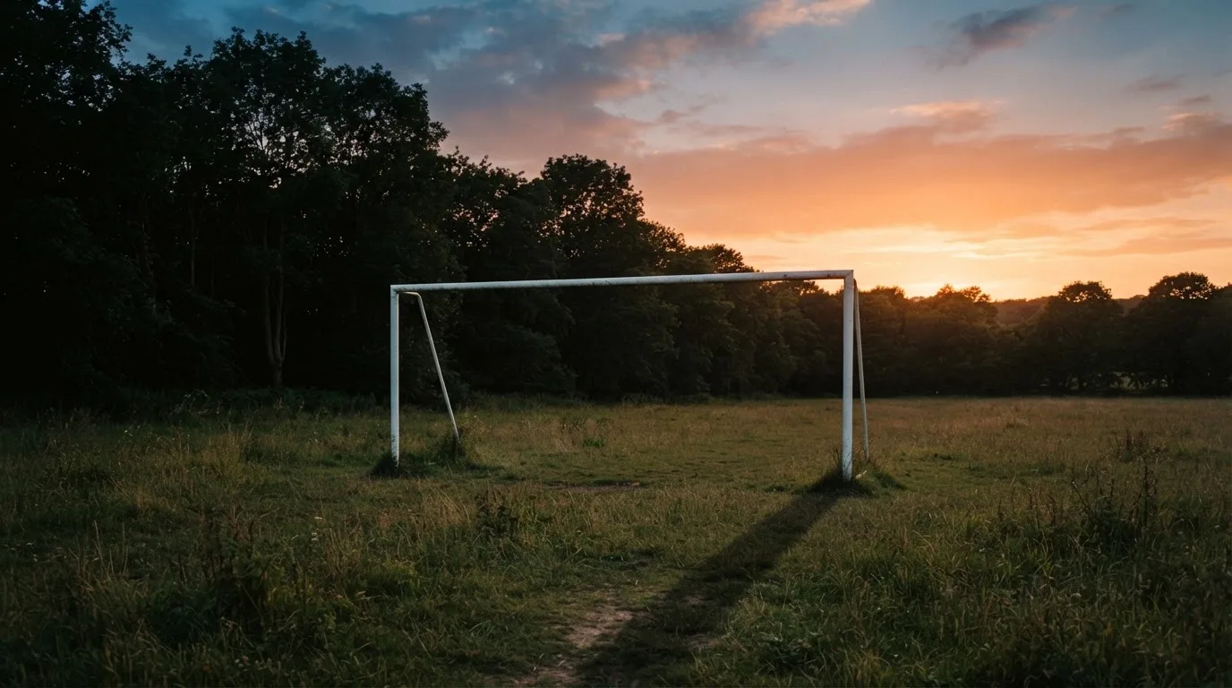 Ein Fussballtor ohne Netz steht auf einer Wiese am Waldrand, die Abenddämmerung färbt den Himmel orange.