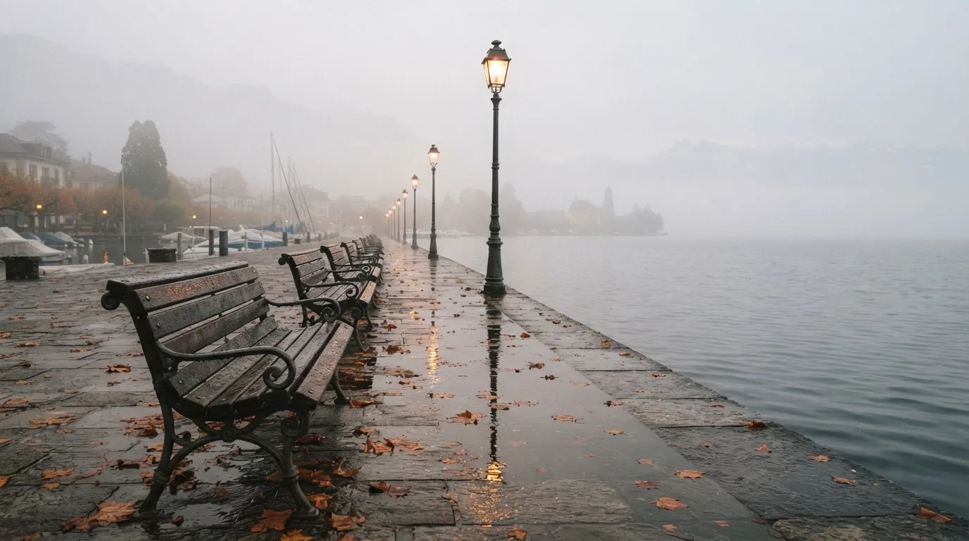 Eine Seepromenade mit leeren Bänken an einem nebligen Morgen, im Wasser spiegeln sich die Lichter der Uferlaternen.