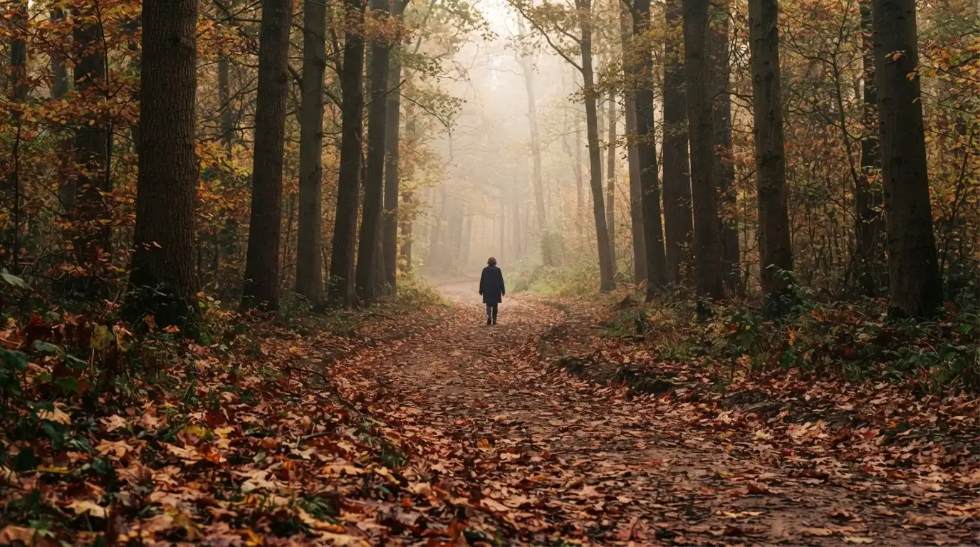Ein Waldweg im Herbst mit buntem Laub, in der Ferne geht eine einzelne kleine Gestalt zwischen den Bäumen.