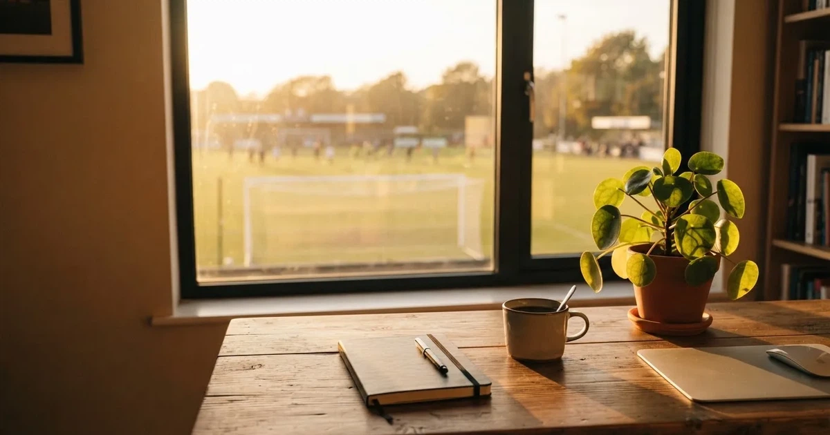 Ein aufgeräumter Schreibtisch mit Pflanze und Tasse in einem Heimbüro, vor dem Fenster liegt ein Fussballplatz im Gegenlicht.