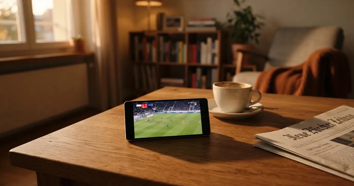 Ein Smartphone mit dunklem Display liegt auf einem Holztisch neben einer Kaffeetasse, durch das Fenster fällt warmes Abendlicht.