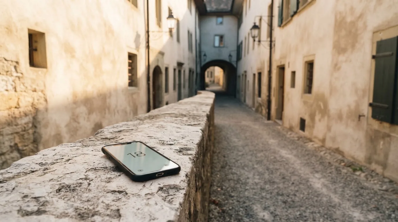 Ein schmaler Kiesweg führt zwischen zwei hellen Mauern durch eine Schweizer Altstadt, die Laternen sind noch nicht angezündet.
