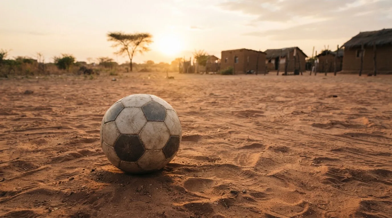 Ein Fussball liegt auf rotbraunem Sand am Rand eines Dorfes, die Abendsonne wirft lange Schatten.