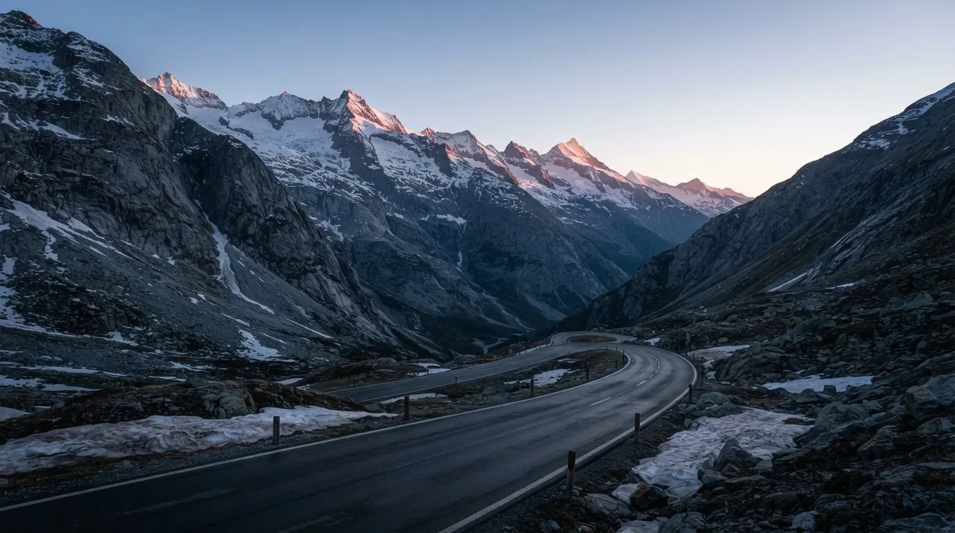 Ein Bergpass in den Schweizer Alpen mit leerer Strasse und Schneeresten am Rand im ersten Frühlicht.