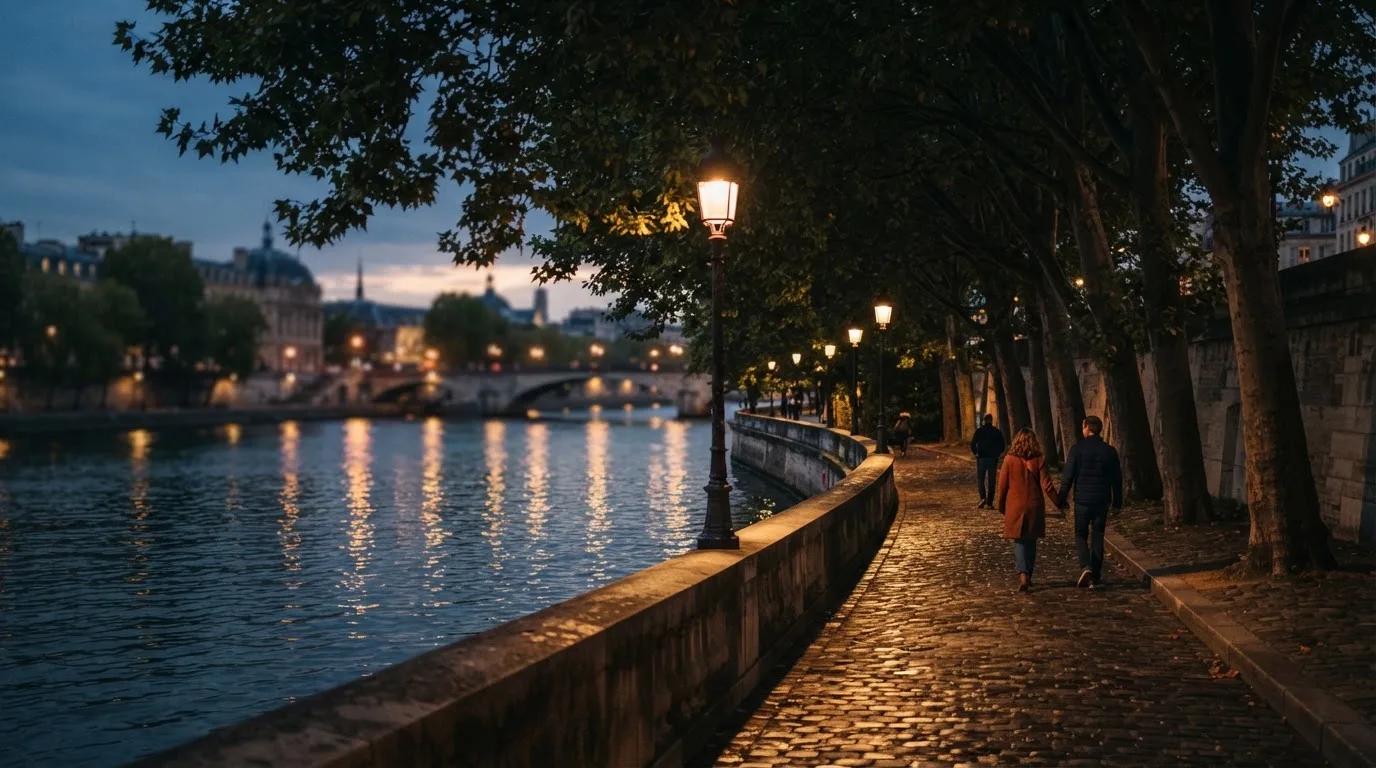Eine Rheinpromenade mit hohen Bäumen am Abend, das Wasser spiegelt das Licht der ersten Laternen.