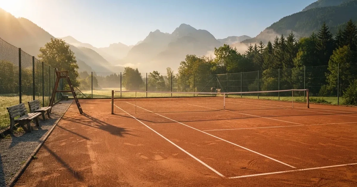 Ein Sandplatz im ersten Morgenlicht, die Linien sind frisch gezogen, das Netz bewegt sich leicht im Wind, Berge im Dunst.