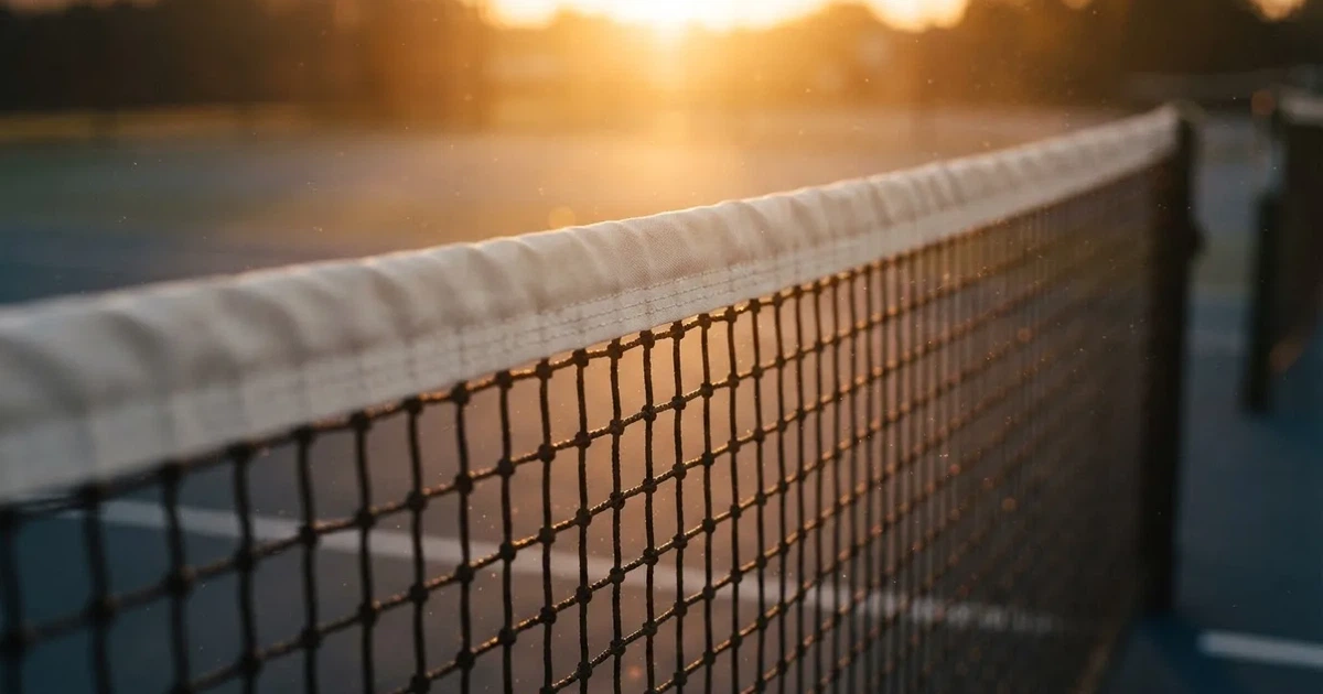 Ein Tennisnetz in Nahaufnahme im Gegenlicht der tiefstehenden Sonne, feine Staubkörner schweben über dem Platz.