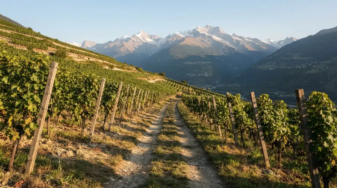 Ein Feldweg zwischen Weinreben im Wallis bei Sonnenaufgang, im Hintergrund hohe Berge und klare Luft.