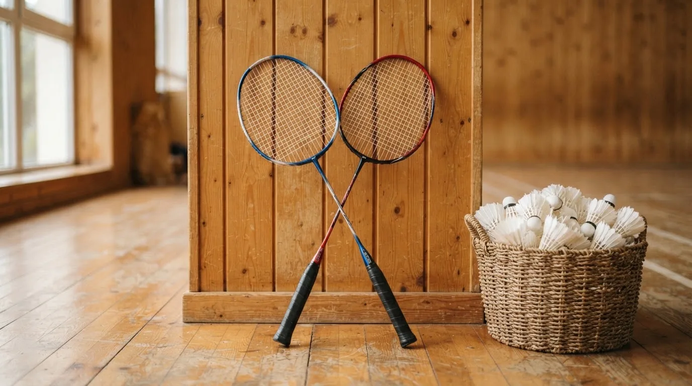Zwei Badmintonschläger lehnen gekreuzt an einer Hallenwand aus Holz, daneben steht ein Korb mit Federbällen.