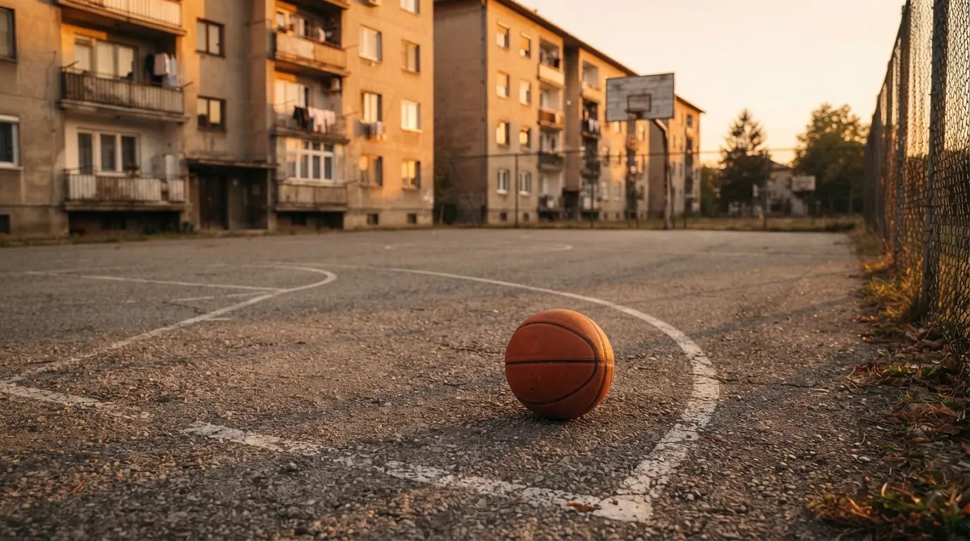 Ein Basketball liegt auf einem Asphaltplatz in einem Hinterhof zwischen Wohnblöcken, das Abendlicht färbt die Wände warm.