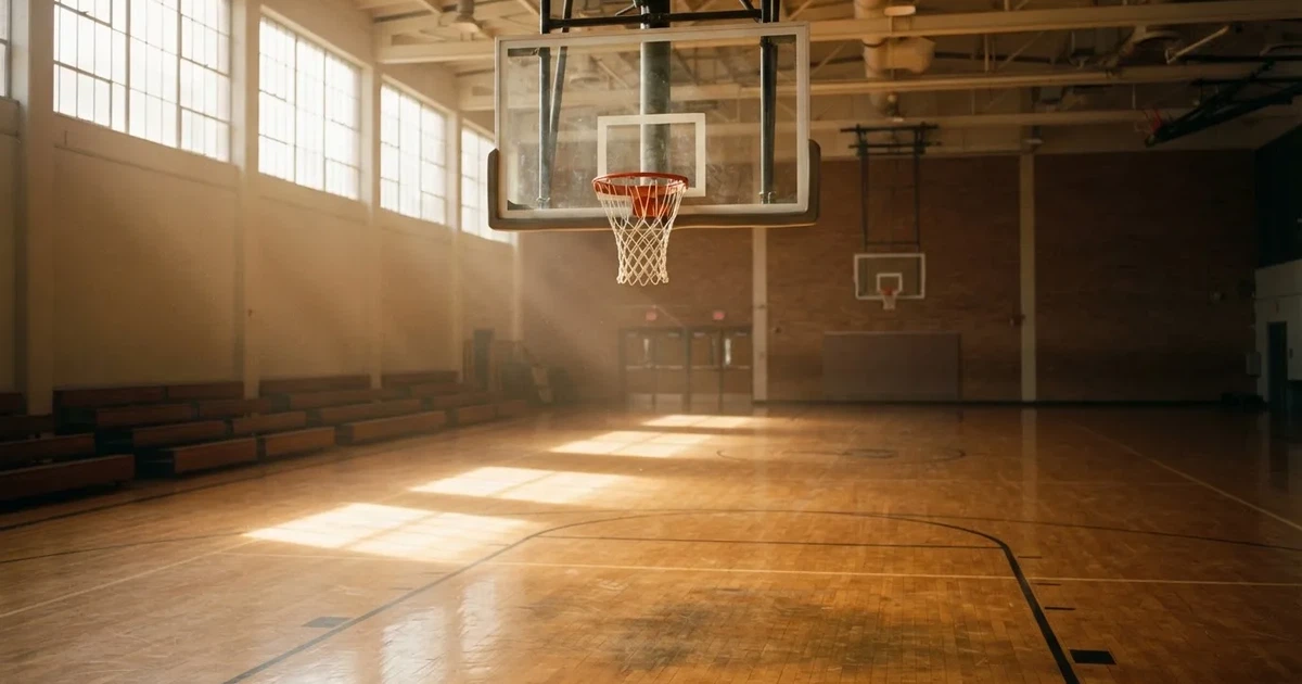Ein Basketballkorb mit Netz in einer leeren Halle, Licht fällt von hohen Fenstern auf den glänzenden Parkettboden.